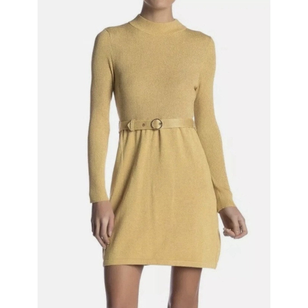 Free People Gold French Girl Sweater Mini Dress With Belt Mockneck Small $108 - Picture 8 of 9